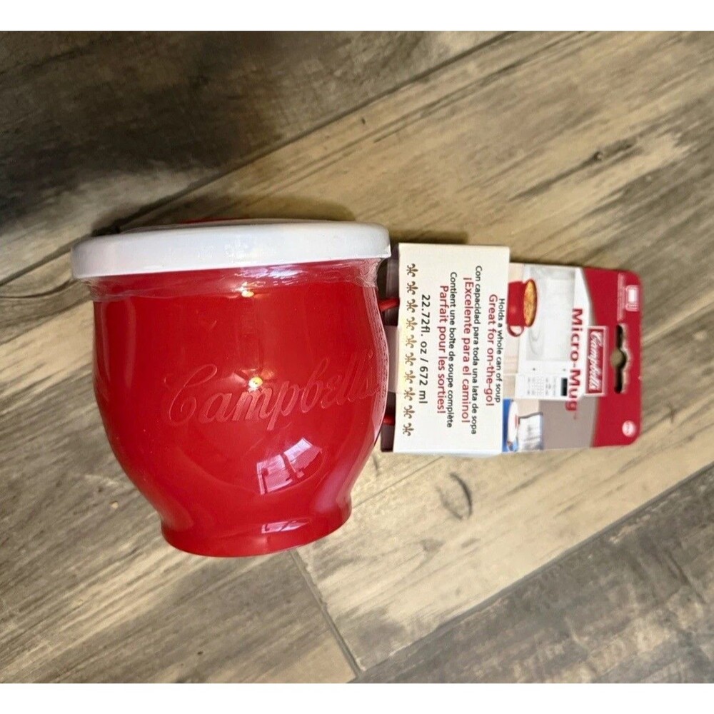 Campbell’s Soup Micro-Mug 22.72oz Vent Lid Red White Retro Kitchen Aesthetic New